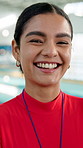 Face, woman and smile for teaching swimming of fitness class, aquatic learning and water exercise at pool. Female coach, happy and sports lesson with swimmer safety, wellness performance and support