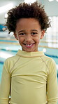 Boy, smile and child at swimming pool with fitness for training lesson, workout and practice break. Portrait, male kid and happy for sports challenge, tournament and swimmer program at indoor centre