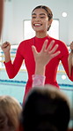 Woman, teacher and happy with children for swimming lesson, question and cheers with clipboard. Person, coach and kids with celebration, exercise and learning with development by pool with smile