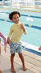 Kids, dance and warm up by swimming pool for lesson at centre for exercise, training and fun for child development. Teacher, children and movement in swimsuit for sport competition or challenge