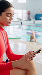 Coach, swimming pool and woman with smartphone, distracted or jeopardy with safety issue or risk. Lifeguard, water and children with instructor, scroll or notification with texting, caution or danger