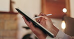 Woman, hands and stylus with tablet in home for writing article, creative process and plot development. Remote work, writer and digital app at night for editing newsletter, blog post review and notes