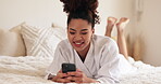 Relax, happy and phone with woman in bedroom for social media, dating profile update and chat post. Network, technology and news with person and mobile at home for online search, blog and app