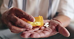 Tablets, hands and senior woman with medication for treatment of parkinsons, tremors or sickness. Healthcare, illness and closeup of female person with pills medicine for healing in retirement home.