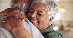 Senior, couple and hugging with love in home for romance, loyalty and commitment in marriage with smile. Elderly, people and affection with bonding, trust and embrace in retirement in lounge of house