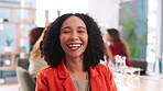 Office, happy and face of businesswoman for creative agency, professional career and company goals. Female person, designer and pride in portrait for startup progress, about us or laughing in meeting