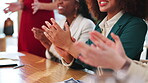 Office, closeup and business people with applause for celebration, workshop and feedback for company goals. Teamwork, designers and support with clapping hands for winning, achievement and success