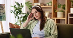 Bored woman, reading or writer on laptop in home thinking of ideas, online blog or essay inspiration. Remote work, journalist or tired author frustrated by article story, copywriting email or novel