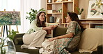 Relax, talking and mature mother with daughter on sofa for bonding, love and support. Care, smile and happiness with women in living room of family home for kindness, advice and comfort together