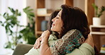 Relax, hug and mature mother with daughter on sofa for bonding, love and support. Care, smile and compassion with women in living room of family home for kindness, advice and comfort together