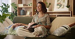 Relax, laughing and mature mother with daughter on sofa for bonding, love and support. Care, smile and talking with women in living room of family home for kindness, advice and comfort together