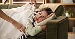 Mother, daughter and cover with blanket for sleeping on sofa with resting, dreaming and peaceful in home. Hands, girl and tired person on couch in living room with connection, care and love in house