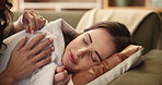 Mother, girl and cover with blanket for sleeping on sofa with resting, dreaming and peaceful in home. Hands, daughter and tired person on couch in living room with connection, care and love in house