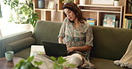 Laptop, phone call and notebook with woman on sofa for schedule, appointment and remote work. Technology, planning and communication with person in living room of home for email, project and news