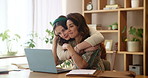 Mother, daughter and hug with laptop in home for remote work, affection and bonding at dining table. Family, woman and girl with embrace in lounge for connection, relationship and support in house