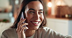 Talking, phone call and happy woman laugh at gossip update, comedy story or joke in home. Mobile, smile and girl listening to funny conversation, news or communication with contact in lounge closeup