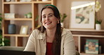 Smile, portrait and woman in office with laptop, confidence and creative online research project. Business, opportunity and happy face of girl at desk for design, planning and pride at digital agency