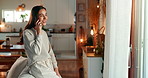 Talking, phone call and happy woman in home for gossip update, view or relationship advice. Mobile, smile and girl listening to conversation, news story or communication with contact in living room