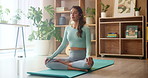 Meditation, yoga and peace with woman in house for health, zen and spiritual wellness. Balance, mindfulness and healing aura with person at home with yogi practice for relax, awareness and energy