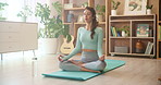 Woman, lotus and meditation in house for yoga, mindfulness and zen with mindset, chakra and calm on mat. Female person, fitness and holistic exercise in apartment for health, balance and healthy mind