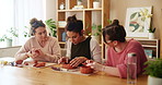 Family, women and pottery class for art, handmade craft and design creative bowl in studio. Molding clay, ceramic and group of people in workshop for hobby with grandmother, mother and generations