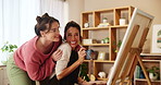 Creative, painting and support with women in art workshop for color, design and project. Lesson, crafting and inspiration with people in family home studio for masterclass, love and hobby together