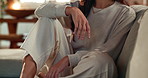 Hands, woman and relax on sofa at house for weekend peace, calm morning and ideas with past reflection. Thinking, girl and rest with thoughts on couch of break opportunity, memory and wellness care