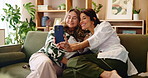 Woman, mature mom and selfie on sofa for smile, bonding or pout lips for funny memory at family home. People, mother and daughter with photography, connection or profile picture with reunion in house