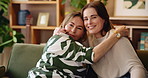 Hug, happy and face of women on sofa for bonding, loving relationship and relax together in home. Family, portrait and mother and daughter on couch embrace for love, affection or smile in living room