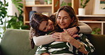 Hug, sofa and woman with mature mom for bonding, loving relationship and relax together in home. Family, happy and mother and daughter on couch embrace for love, affection or smile in living room