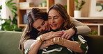 Hug, home and woman with mature mom for bonding, loving relationship and relax together on sofa. Family, happy and mother and daughter on couch embrace for love, affection or smile in living room