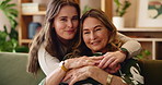 Happy, sofa and face of mom with woman hug for bonding, loving relationship and relax together in home. Family, portrait and mother and daughter on couch for embrace, affection or love in living room