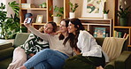 Women, senior mother and selfie on couch for smile, bonding and hug for happy memory at family home. Sisters, mom and daughter with photography, connection and profile picture with reunion in house