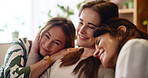 Love, happy and women on sofa hug for bonding, loving relationship and relax together in home. Family, morning and mother and daughters on couch for embrace, affection and support living room