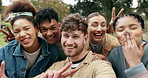 People, students or outdoor for selfie with peace sign, goofy expression or happy on campus. Friends, excited or portrait for photograph for school memory, social media update or diversity in college