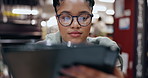 University, library and black woman with tablet for research, education and website for online course. Reading, studying and college student on digital app for elearning, planning and campus schedule