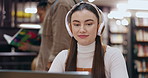 Student, music and woman on laptop in library typing for education, university and knowledge. College, headphones and girl on technology for studying research for project assignment and assessment 