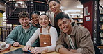 College, students and together in group at library with smile for education, exam studying or learning. Diversity, people or friend portrait for scholarship, knowledge research or assignment teamwork