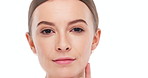 Face, woman and aging with wrinkles, transformation and results in before and after. Female person, portrait and dermatology as passage of time for product, benefits and skincare on white background