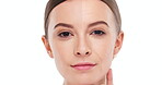 Portrait, woman and aging in before and after with wrinkles, glowing skin and results. Female person, smile and dermatology as passage of time for product, benefits and skincare on white background