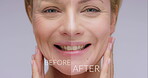 Face, mature woman and aging with before and after for change process, compare or skincare of wrinkles. Smile, female person and passage of time for beauty, versus or dermatology on studio background