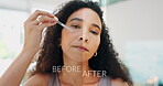 Portrait, woman and anti aging with serum, product or glowing skin in before and after. Female person, beauty and dermatology as passage of time for wrinkles, benefits or skincare on white background