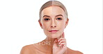 Girl, face and aging versus in studio with skincare for before and after, wrinkles process and facial treatment. Woman, beauty and compare for passage of time, dermatology care and white background
