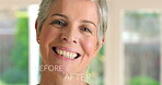 Face, senior woman and aging with before and after for change process, skincare and wrinkles of comparison. Smile, person and portrait with passage of time, beauty versus and dermatology at house