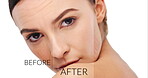 Face, woman and aging with before after in studio for change process, skincare and wrinkles of comparison. Girl, proud and passage of time, beauty versus and dermatology treatment on white background