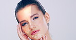 Face, girl and aging with before after in studio for change process, makeup and cosmetics of comparison. Woman, proud and passage of time, beauty versus and dermatology treatment on white background