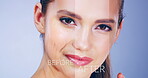 Face, girl and beauty with before after in studio for change process, makeup and cosmetics of aging. Woman, proud and passage of time, results versus and dermatology treatment on purple background