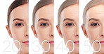 Girl, aging and face with skincare for before after of collage transformation, wellness treatment and process. Woman, versus and passage of time for dermatology results, beauty and facial comparison