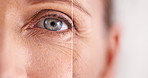 Face, woman and eye with transformation in studio of digital retouch, facial recognition and futuristic treatment. Person, closeup and laser for cosmetic with change, beauty care and white background