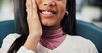 Closeup, hands or girl in clinic for toothache, cavity or gum disease in consultation for help. Swollen, cleaning or client with smile for teeth whitening, oral care or braces for mouth procedure
